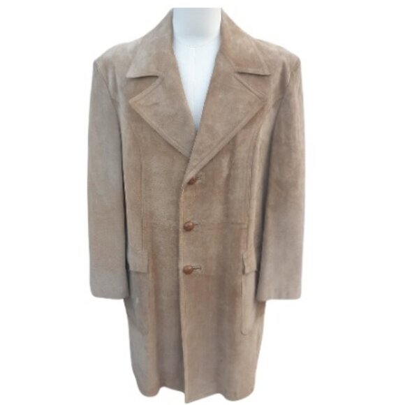 Long Beige Suede Coat SZ 46 Men's Fully Lined - Picture 1 of 8